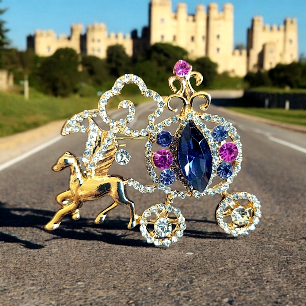 Fairy Tale Horse and Carriage Rhinestone Brooch